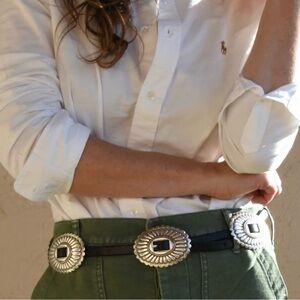 Southwest Slide Black Silver Concho 2"H x 3"W Belt Adjustable Leather S 30"